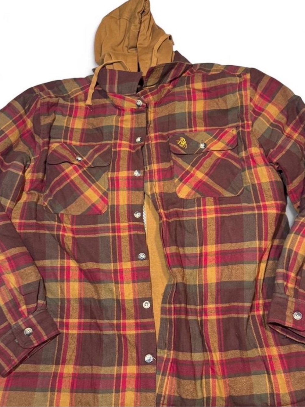 Legendary Whitetails Men’s Maplewood Brown and Red Plaid Hooded Flannel Jacket